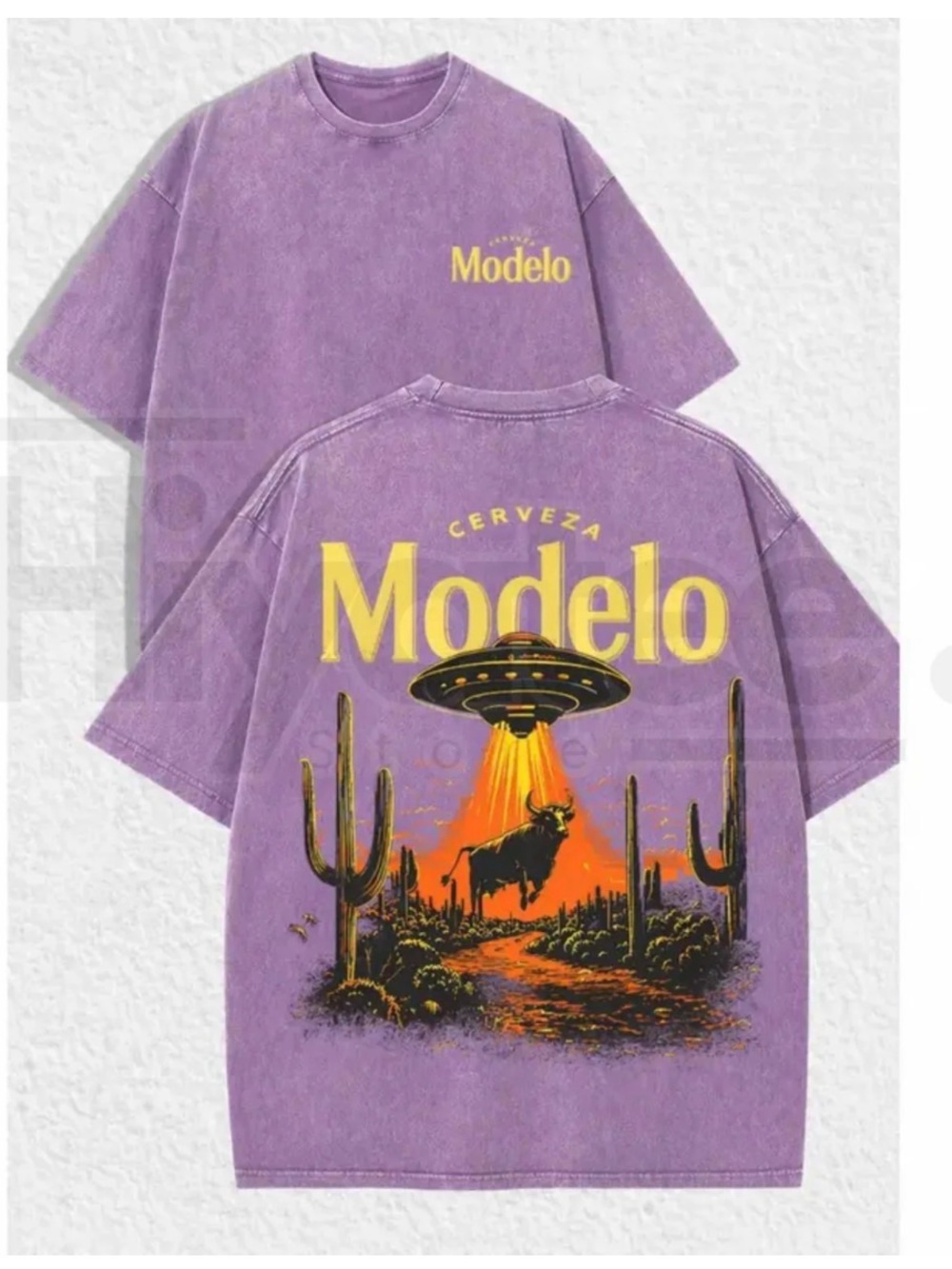 💜Modelo Cerveza Women’s Viral Purple Oversized UFO Graphic Short Sleeve Tee XL